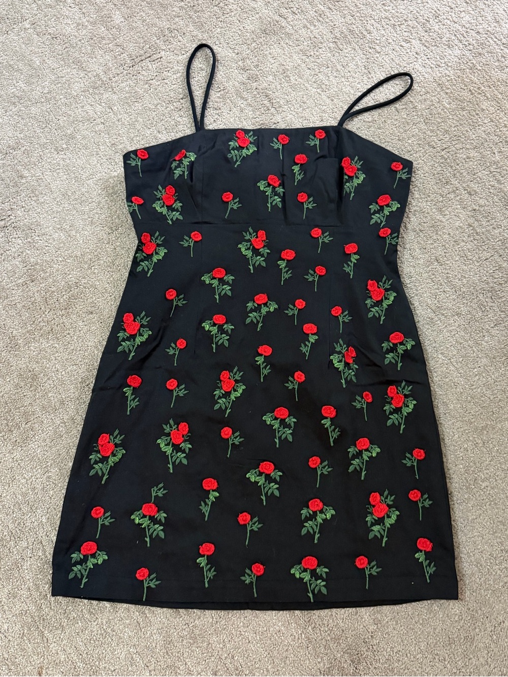 Maeve Black Spaghetti-Strap Dress with Red Rose Embroidery